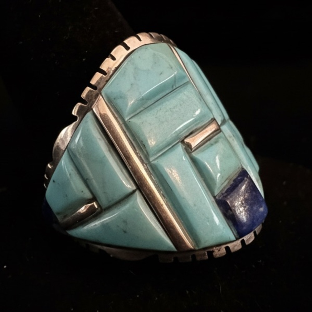 Turquoise & Lapis Inlay Statement Ring sterling Silver setting native design‎ - Picture 3 of 7